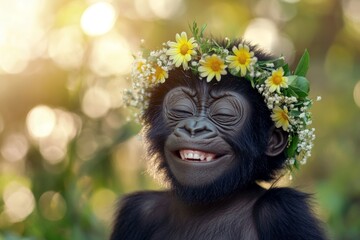 Summer happiness. Cute baby animal gorilla wearing feral flower wreath on its head. Morning rays. Wild animal soaking in the sun. Serene summer breeze in the wild. Soft elegance in the wild.