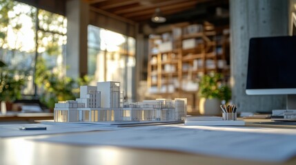 A high-tech architectural workspace with CAD software, blueprints, and project models.