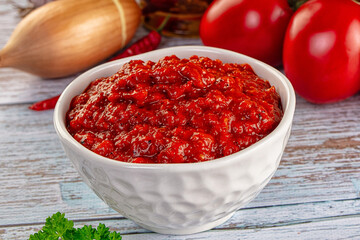 Bulgarian traditional lutenica pepper sauce