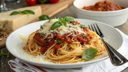 Tasty appetizing classic Italian spaghetti pasta with tomato sauce, cheese parmesan and basil on plate, taking with fork
