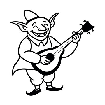 goblin playing mandolin, black and white clip art preview