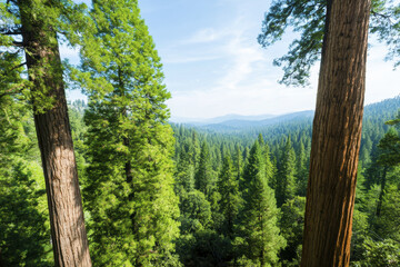 Majestic aerial view of giant sequoia trees in lush green forest, showcasing nature beauty and tranquility