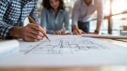 A collaborative team of architects discussing a project with blueprints on a table.