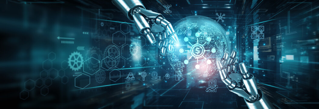 Hands of robots touching on decentralized finance network connections highlight robotics transforming financial systems. Robots enhance automation, improve security, enable transparent transactions.