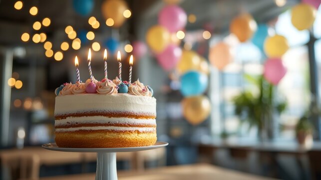 A workplace milestone celebration with a backdrop of Happy Work Anniversary decorations and cake.