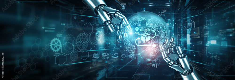 Poster hands of robots touching on logistics network connections highlight automation revolutionizing suppl