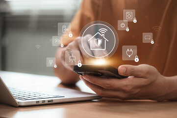Protecting IoT Smart Homes with Digital Wireless Security. Person using controlling connected devices via mobile app, showcasing data privacy, smart locks, and intelligent home automation systems