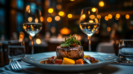 A gourmet steak dish with vegetables and wine glasses on a table in a restaurant setting at nighttime