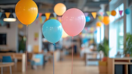 A festive office setup with music and decorations for a work anniversary celebration.