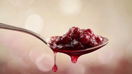 A whimsical floating spoon with cranberry sauce dripping in slow motion, set against a dreamy, soft-focus background