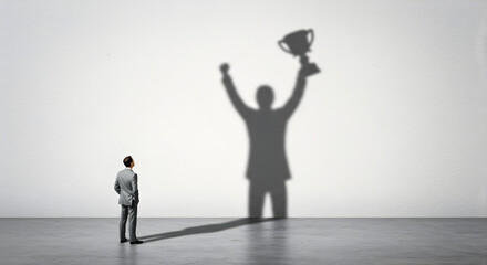 Fototapeta premium Businessman Facing Shadow With Trophy on Gray Wall Concept of Ambition