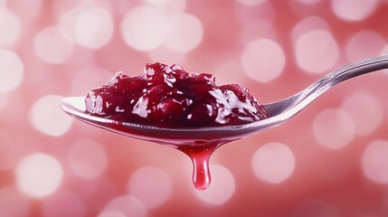 A whimsical floating spoon with cranberry sauce dripping in slow motion, set against a dreamy, soft-focus background