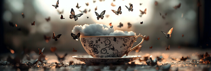 Whimsical Teacup with Butterflies and Clouds