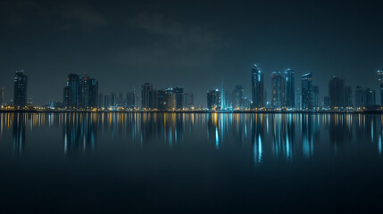 City skyline at night reflecting on water with illuminated buildings and a dark sky above it all