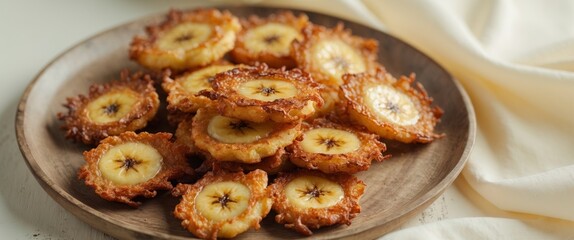 Crispy Fried Banana Fritters on Wooden Plate
