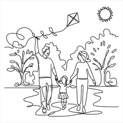 Family Holding hand this continuous line illustration shows a family consisting of a father, mother and two small children walking happily together. The elegant minimalist art style with smooth lines.