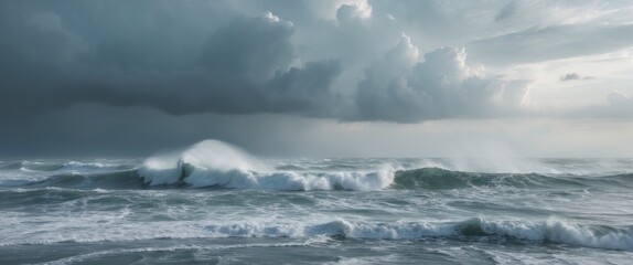 Dramatic Skies Over a Turbulent Sea with Whipping Winds