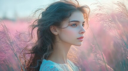 Young Woman Amidst Pink Flowers in Soft Light