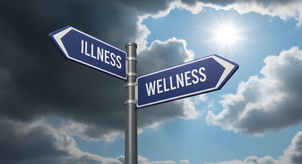 Directional Sign Pointing to Illness and Wellness Under Contrasting Sky