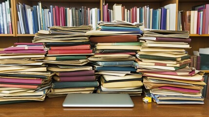 Overwhelmed with documents.  Stacks of papers, books, and files