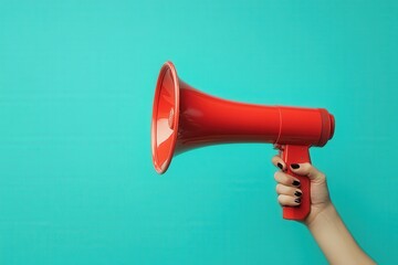 Person holding red megaphone against a bright turquoise background, making a bold statement.