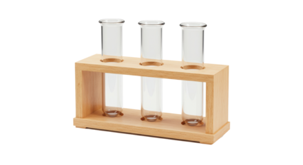 Isolated Wooden Rack with Three Glass Test Tubes