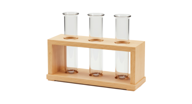 Isolated Wooden Rack with Three Glass Test Tubes