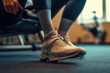 Fototapeta premium Close-up of athlete's foot in white sneaker, preparing for workout in the gym with a warm, focused ambiance.