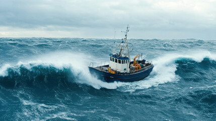 fishing boat navigates through massive ocean waves, showcasing power of nature and resilience of maritime life