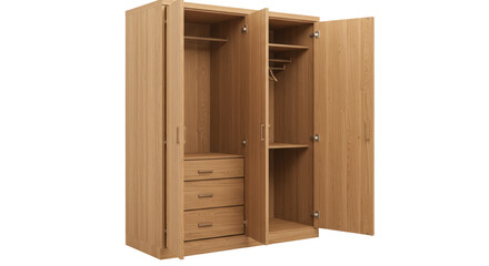 Isolated Wooden Wardrobe with Open Doors and Drawers