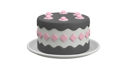 Isolated Layered Cake with Decorations on White Plate