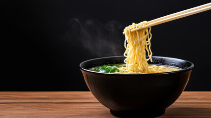 steaming bowl of delicious ramen with chopsticks, showcasing rich flavors and textures of this traditional dish