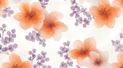 Watercolor Peach Blossoms and Purple Floral Branches Design