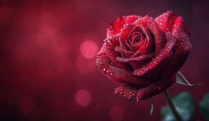 Close-up of a red rose covered in dewdrops against a vibrant red background.