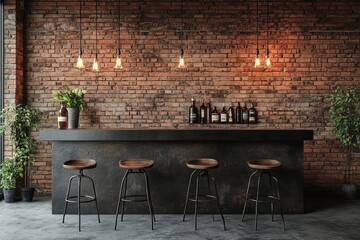 Cozy brick wall bar with liquor bottles and stools