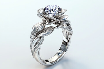 Silver engagement ring with diamond isolated on white background