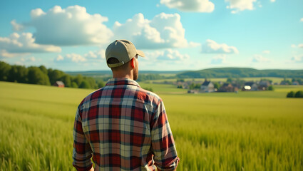 Farmer Standing in Wheat Field, Gazing at Countryside Landscape