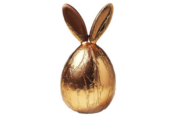 Obraz premium Golden foil wrapped Easter chocolate shaped like a bunny with ears, isolated on white transparent background. Festive holiday candy concept