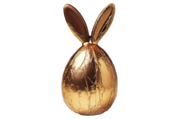 Golden foil wrapped Easter chocolate shaped like a bunny with ears, isolated on white transparent background. Festive holiday candy concept