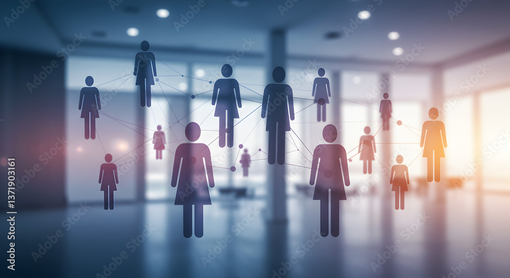 Poster network of people connecting digitally in modern office with soft light and abstract dots and lines 