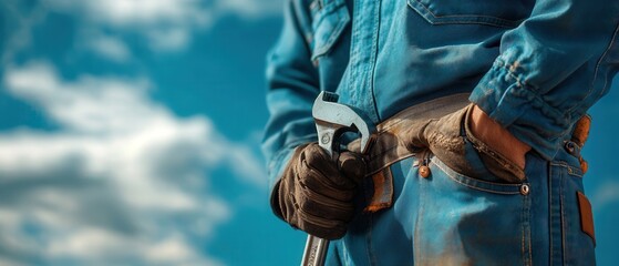 Male worker in blue overalls holding a wrench against a blue sky, showcasing skilled manual labor.