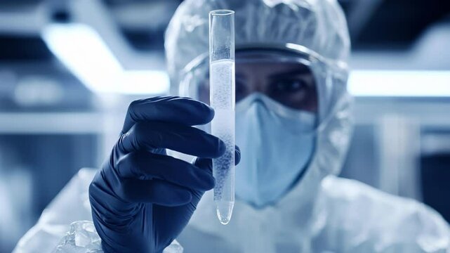 A medical worker in a protective suit holds in his hands a tube with biomaterial or stem cells in cryogenic storage. Bank of liquid nitrogen containing a suspension of stem cells.