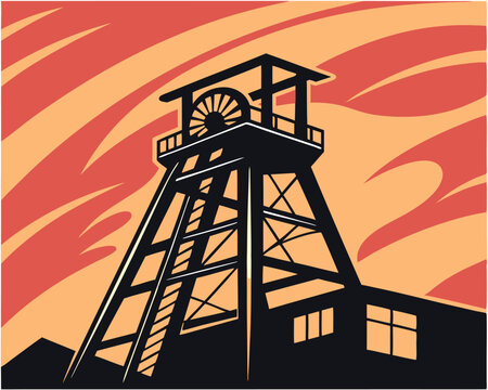 Stylized Coal Mine Headframe Illustration at Sunset or Sunrise.