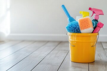 A vibrant yellow cleaning bucket filled with various supplies for a spotless home on wooden floor.