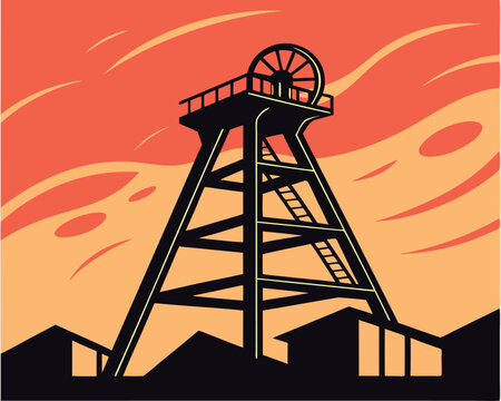 Stylized Coal Mine Headframe Illustration at Sunset or Sunrise.