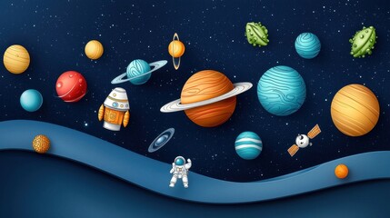 Naklejka premium A charming illustration depicts a whical astronaut explo a vibrant cosmos filled with colorful planets, a rocket ship, and a satellite soa through space.