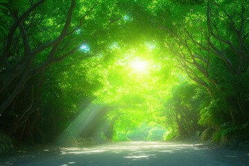 Fototapeta premium Sunny forest path. Verdant canopy lets sunlight shine through, illuminating the road