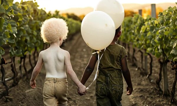 Albino individuals holding white balloons in a picturesque vineyard celebrating Albinism Awareness Day created with Generative AI technology