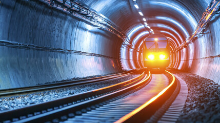 train approaches in dimly lit tunnel, showcasing vibrant lights and tracks that create sense of motion and anticipation