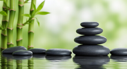 Obraz premium Stack of Black Massage Stones and Bamboo on Green Background in Studio Setting